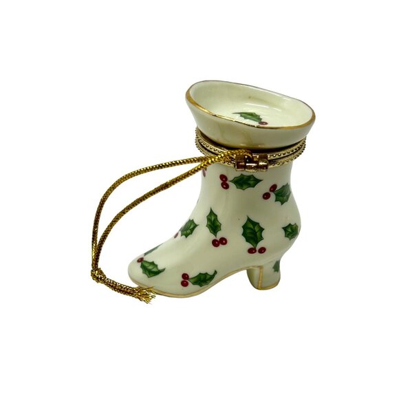 Porcelain Victorian‎ Shoe Christmas Ornament & Trinket Box with Holly & Berries - Picture 3 of 8